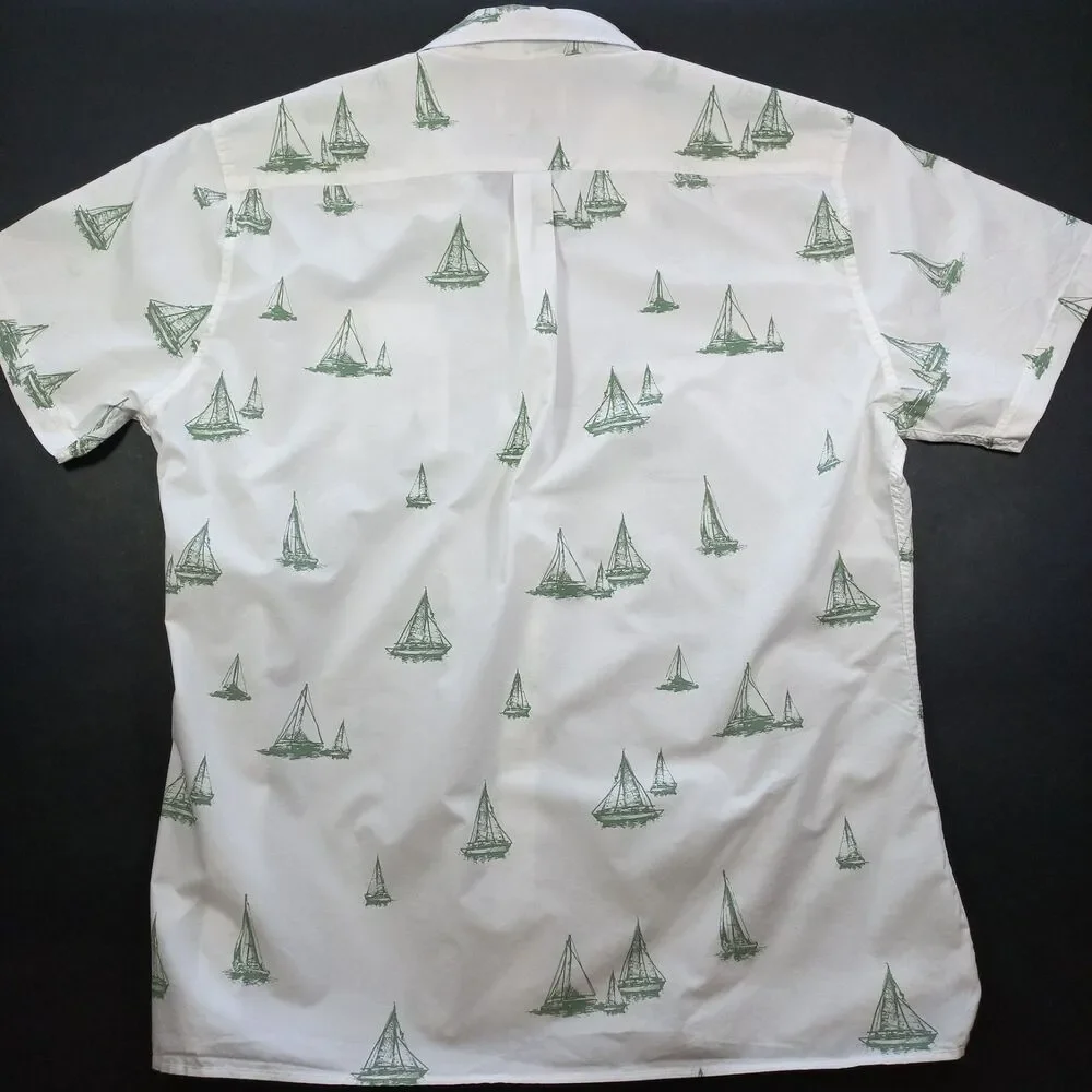 Barbour Shield Shirt Mens L Large UK: XL Sailboat Print White Green MSH4967 EUC